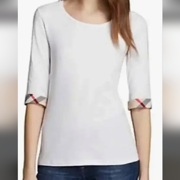 Burberry White Top with Plaid Cuffs M - Picture 1 of 11